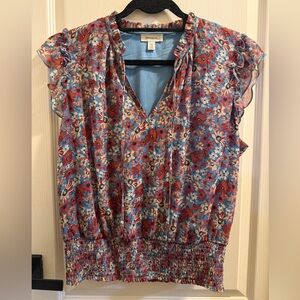 Floral Ruffle Sleeve Blouse - Red and Blue